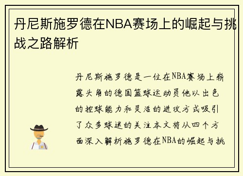 丹尼斯施罗德在NBA赛场上的崛起与挑战之路解析